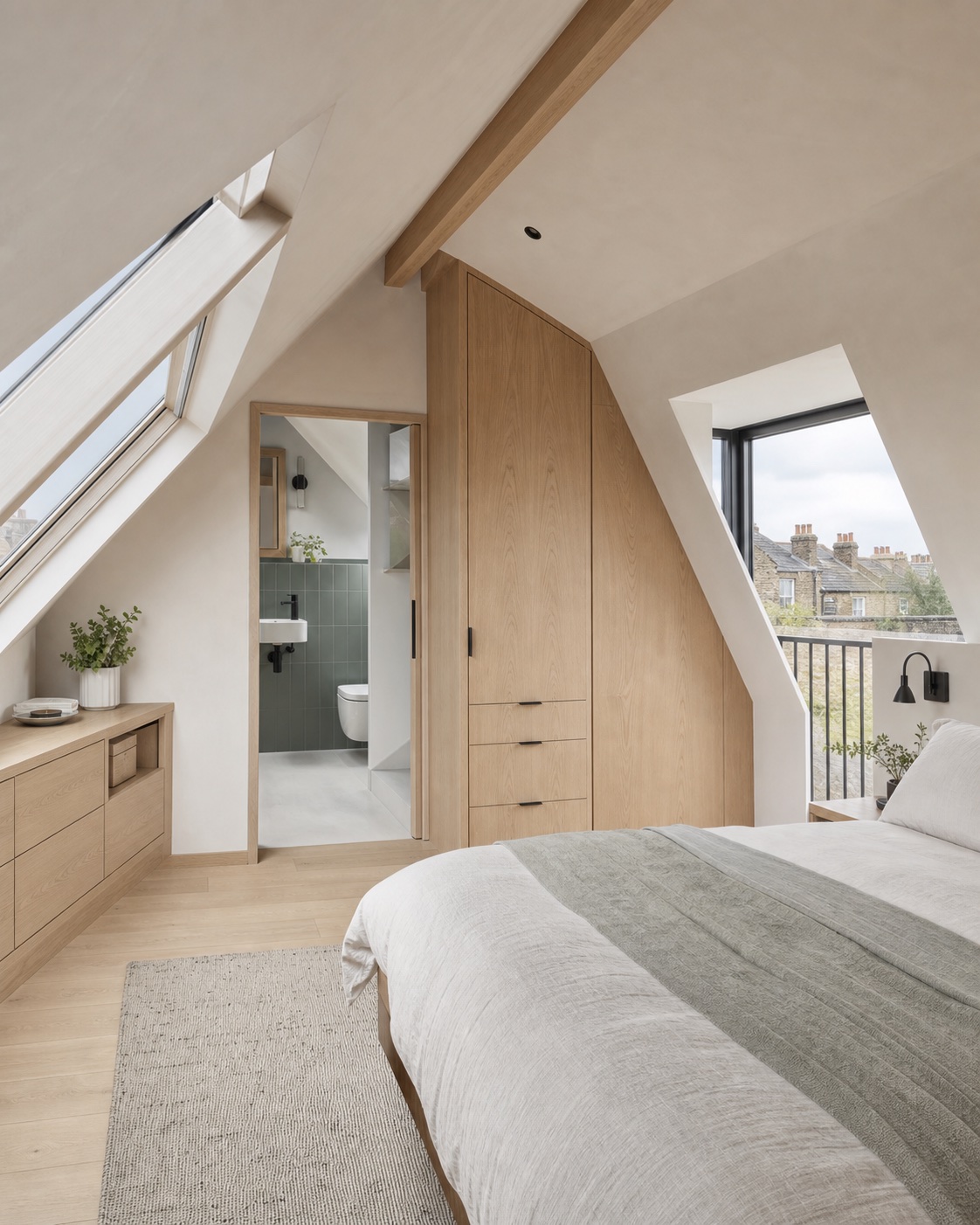 Finished loft bedroom with oak joinery, rooflights and an ensuite