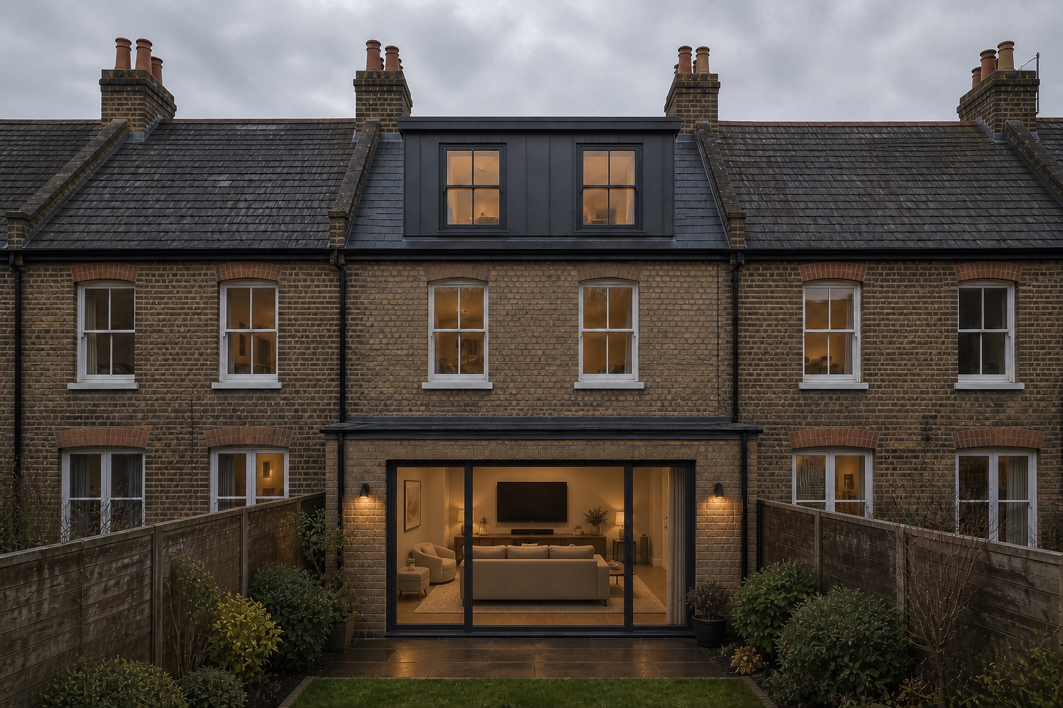 Architectural concept of a full rear dormer and boundary-to-boundary television room extension on a Victorian mid-terrace in Greenwich